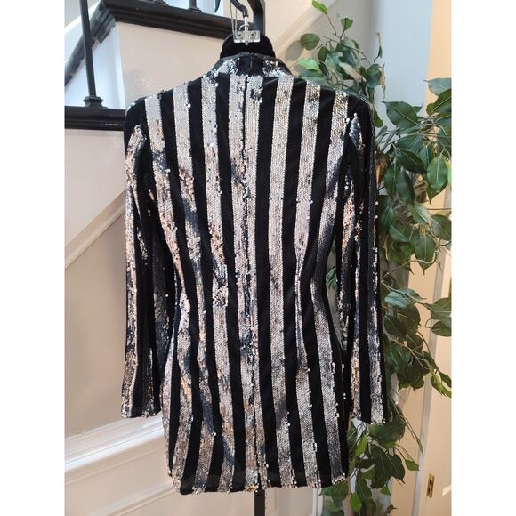 Missguided Petite Sequin Mini Dress US2 Black Silver Long Sleeve Party Cocktail - Picture 7 of 12